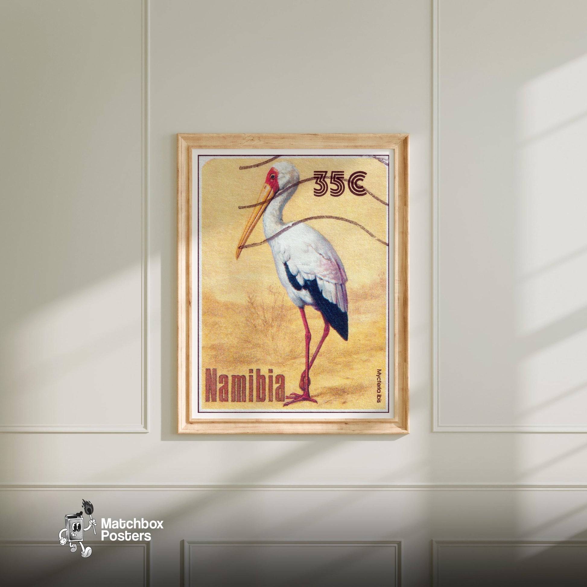 Mycteria Ibis - vintage matchbox label print - bedroom mockup