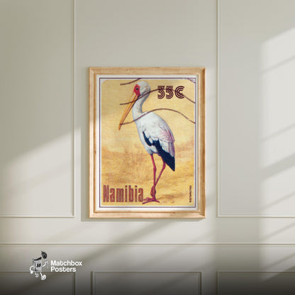 Mycteria Ibis - vintage matchbox label print - bedroom mockup