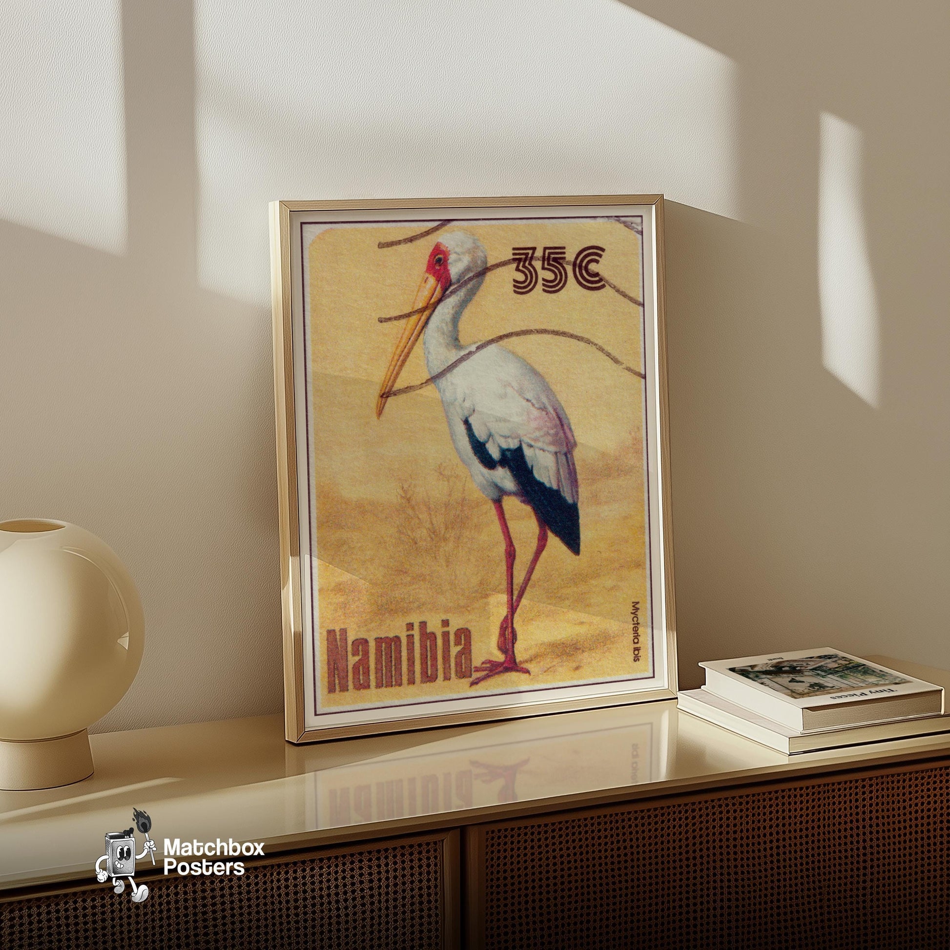 Mycteria Ibis - vintage matchbox label print - size comparison