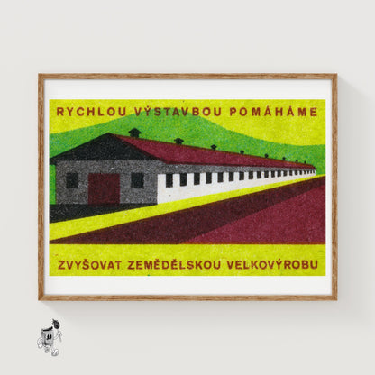 Long Industrial Building - vintage matchbox label print