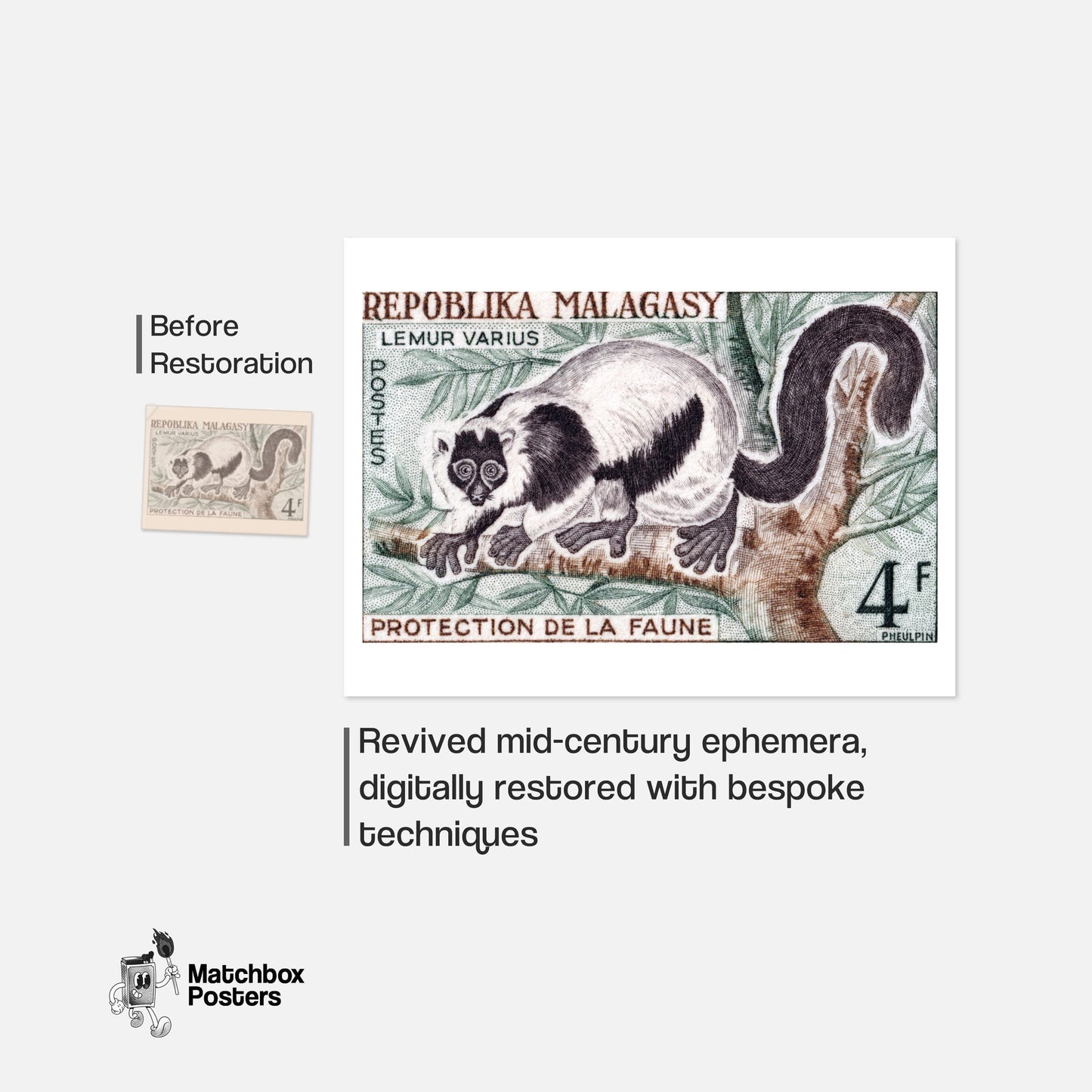 Lemur - vintage matchbox label print - framed wall art preview