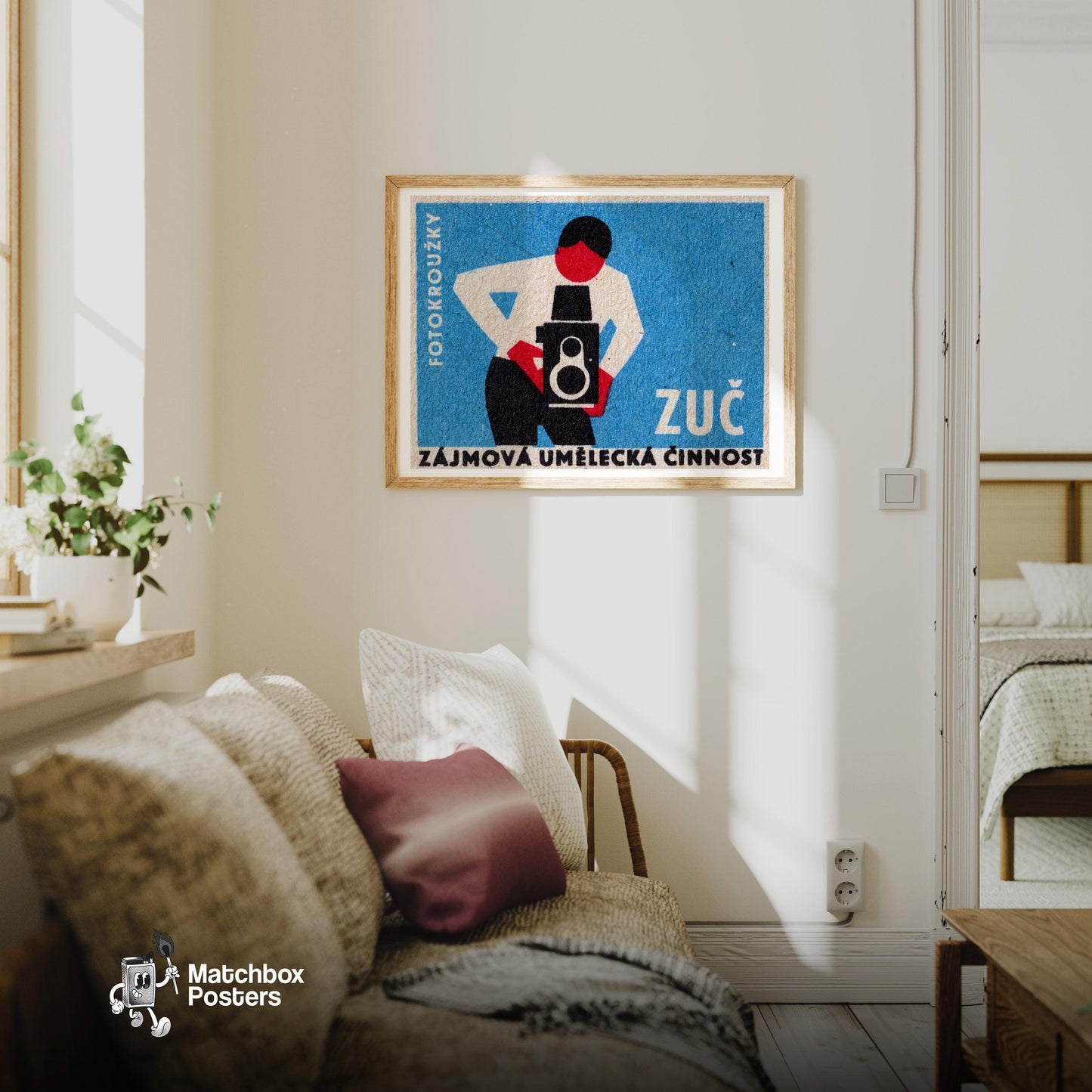 Man with Vintage Camera - vintage matchbox label print - living room mockup