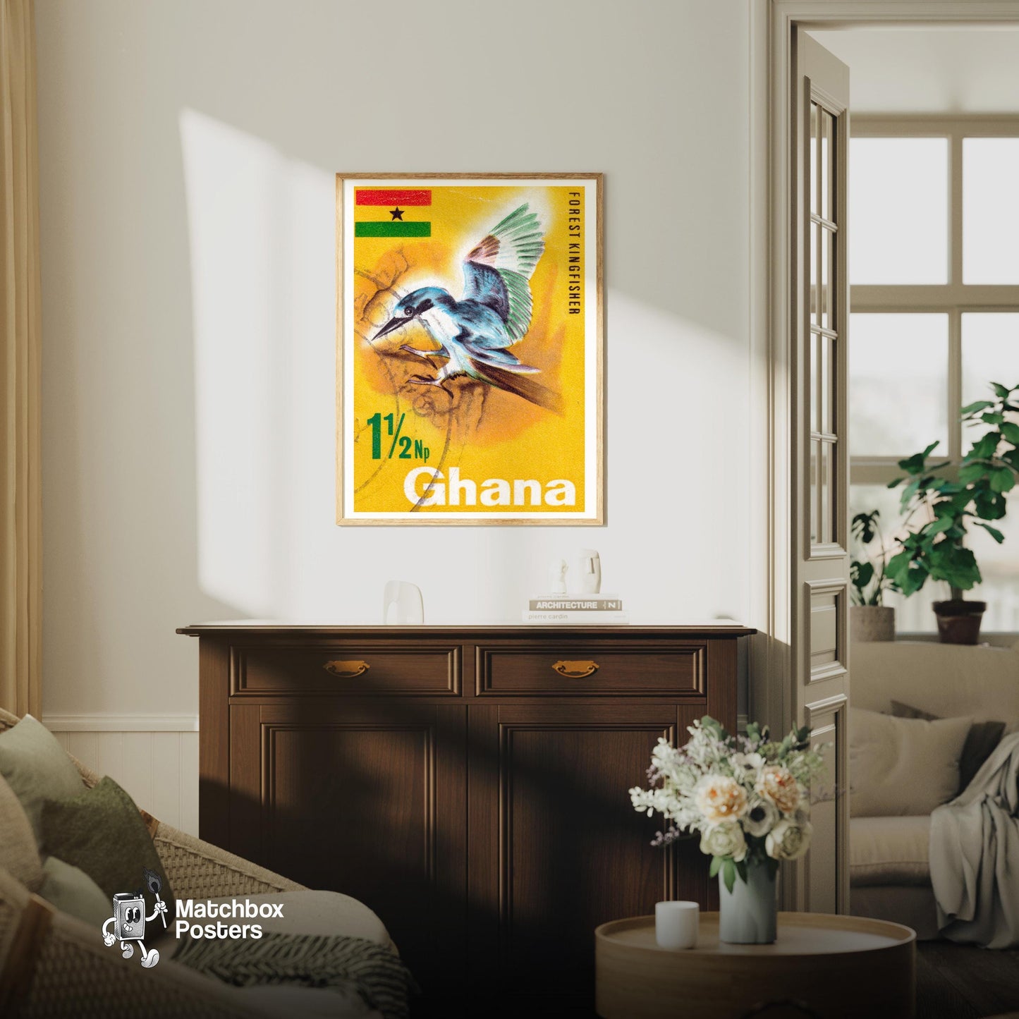 Kingfisher - vintage matchbox label print - living room mockup