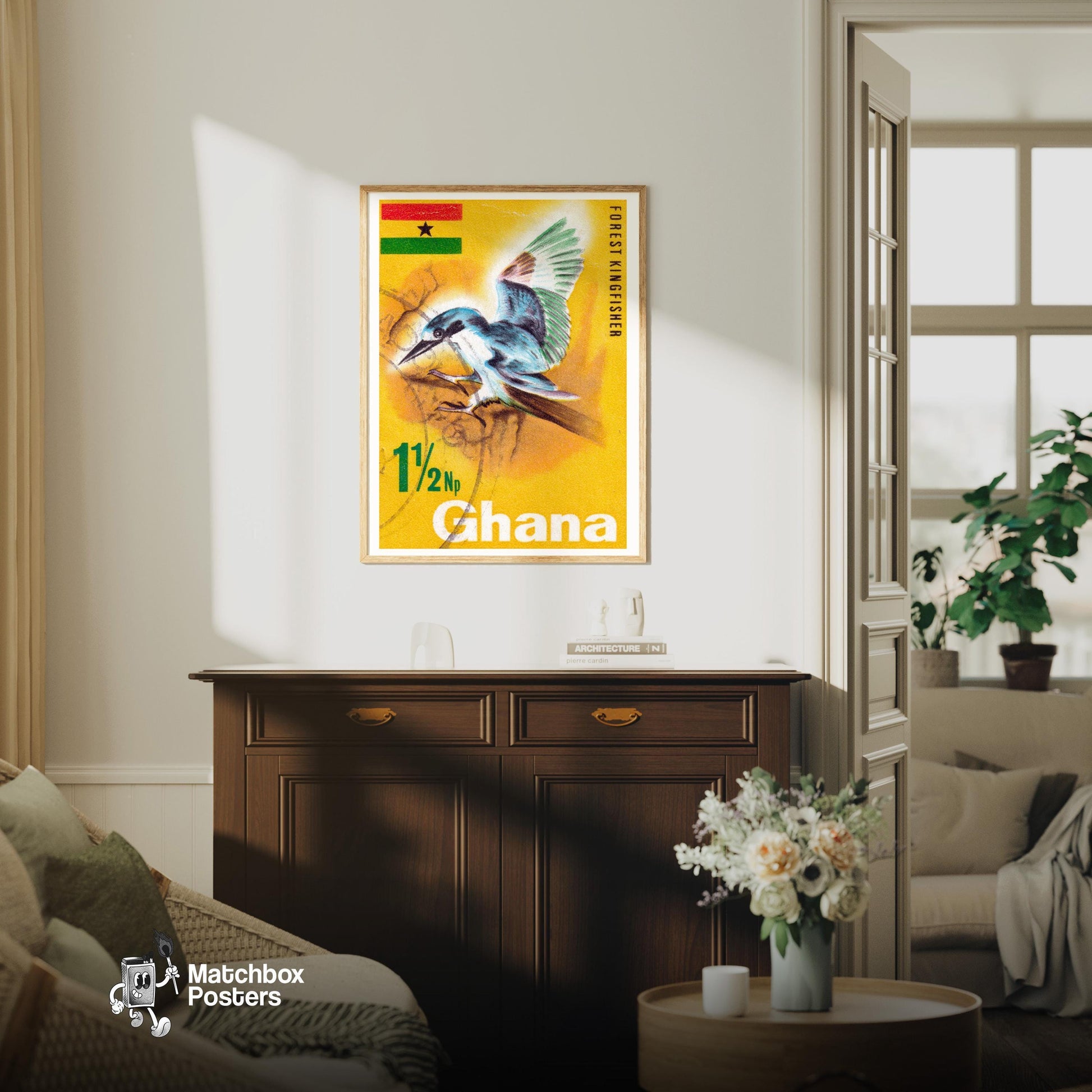 Kingfisher - vintage matchbox label print - living room mockup