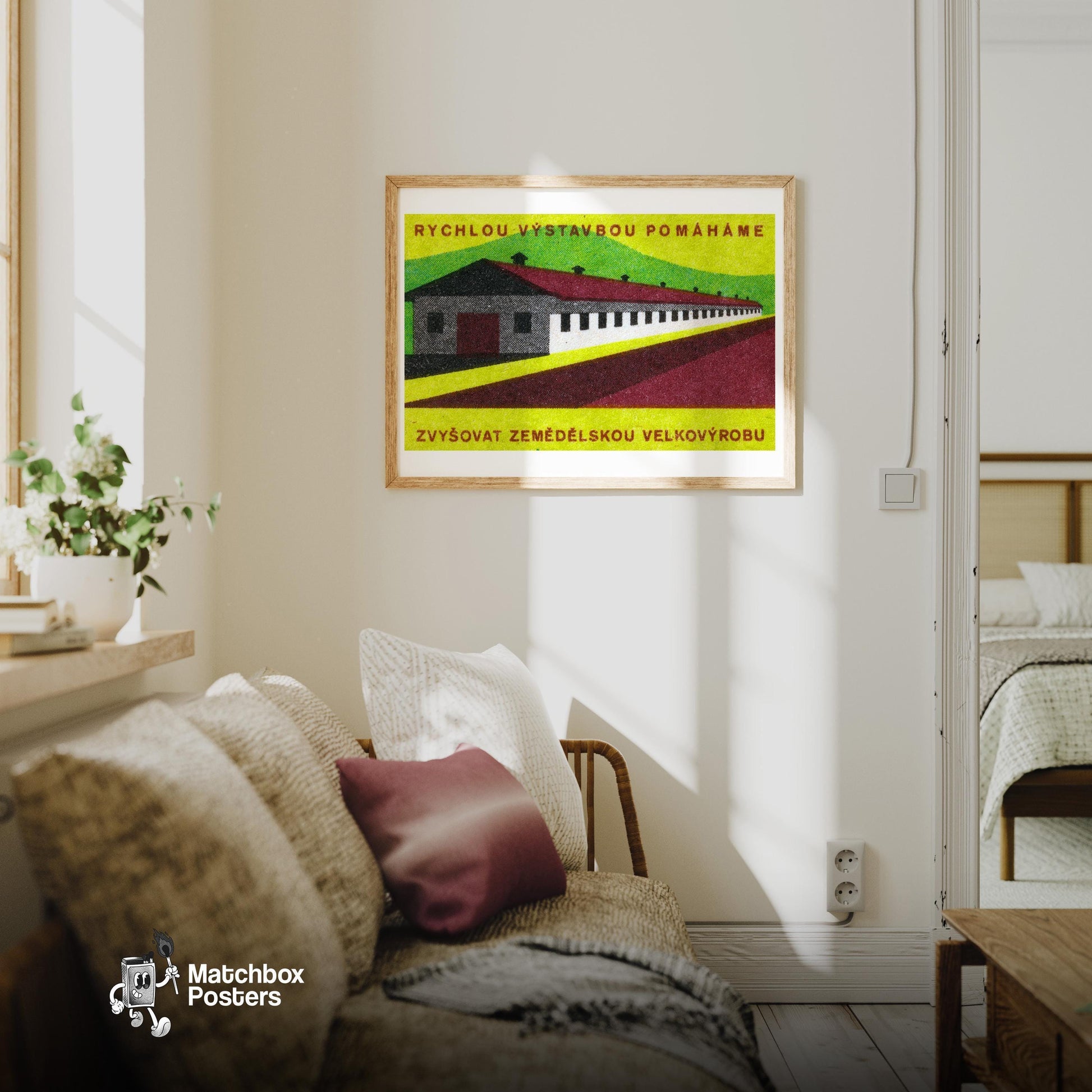 Long Industrial Building - vintage matchbox label print - living room mockup
