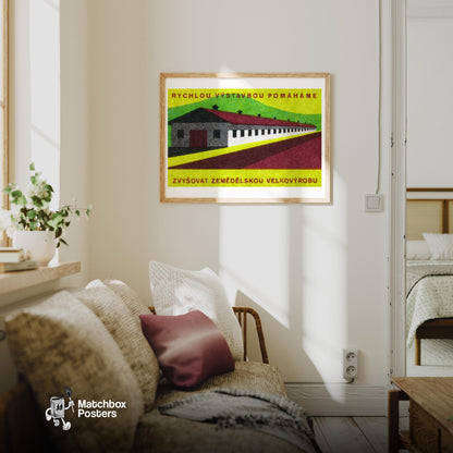 Long Industrial Building - vintage matchbox label print - living room mockup