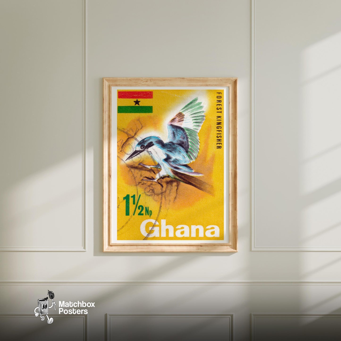Kingfisher - vintage matchbox label print - bedroom mockup