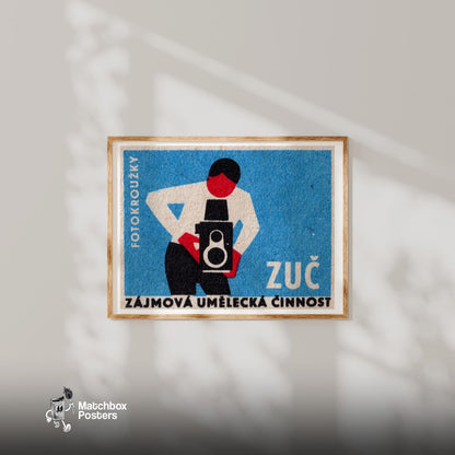 Man with Vintage Camera - vintage matchbox label print - bedroom mockup
