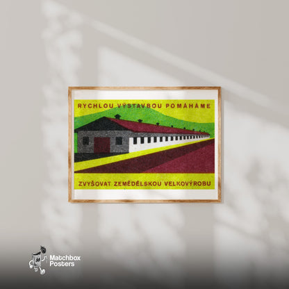 Long Industrial Building - vintage matchbox label print - bedroom mockup
