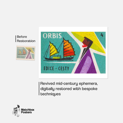 Sailboat Czechoslovakia Mid-Century Matchbox Label - vintage matchbox label print - framed wall art preview