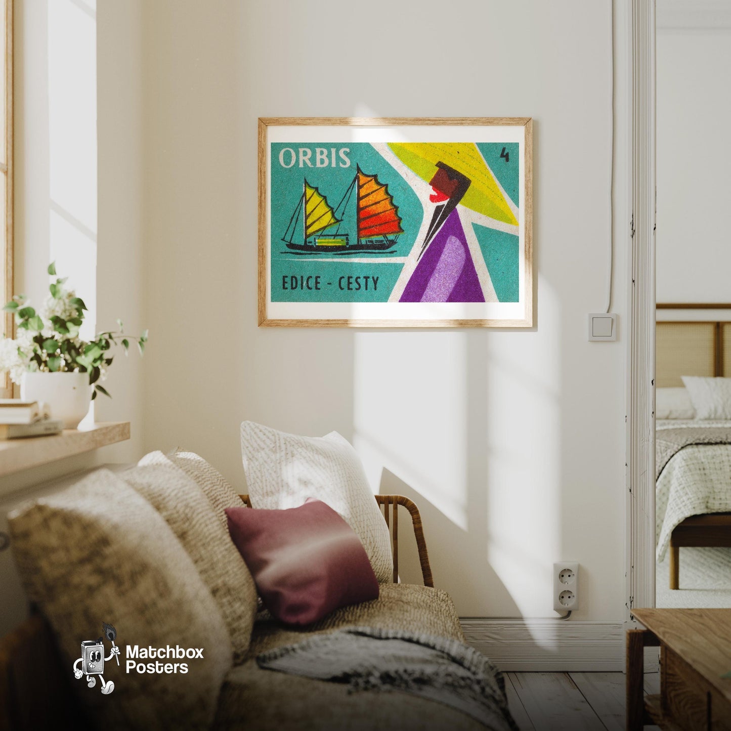 Sailboat Czechoslovakia Mid-Century Matchbox Label - vintage matchbox label print - living room mockup