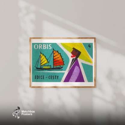 Sailboat Czechoslovakia Mid-Century Matchbox Label - vintage matchbox label print - bedroom mockup