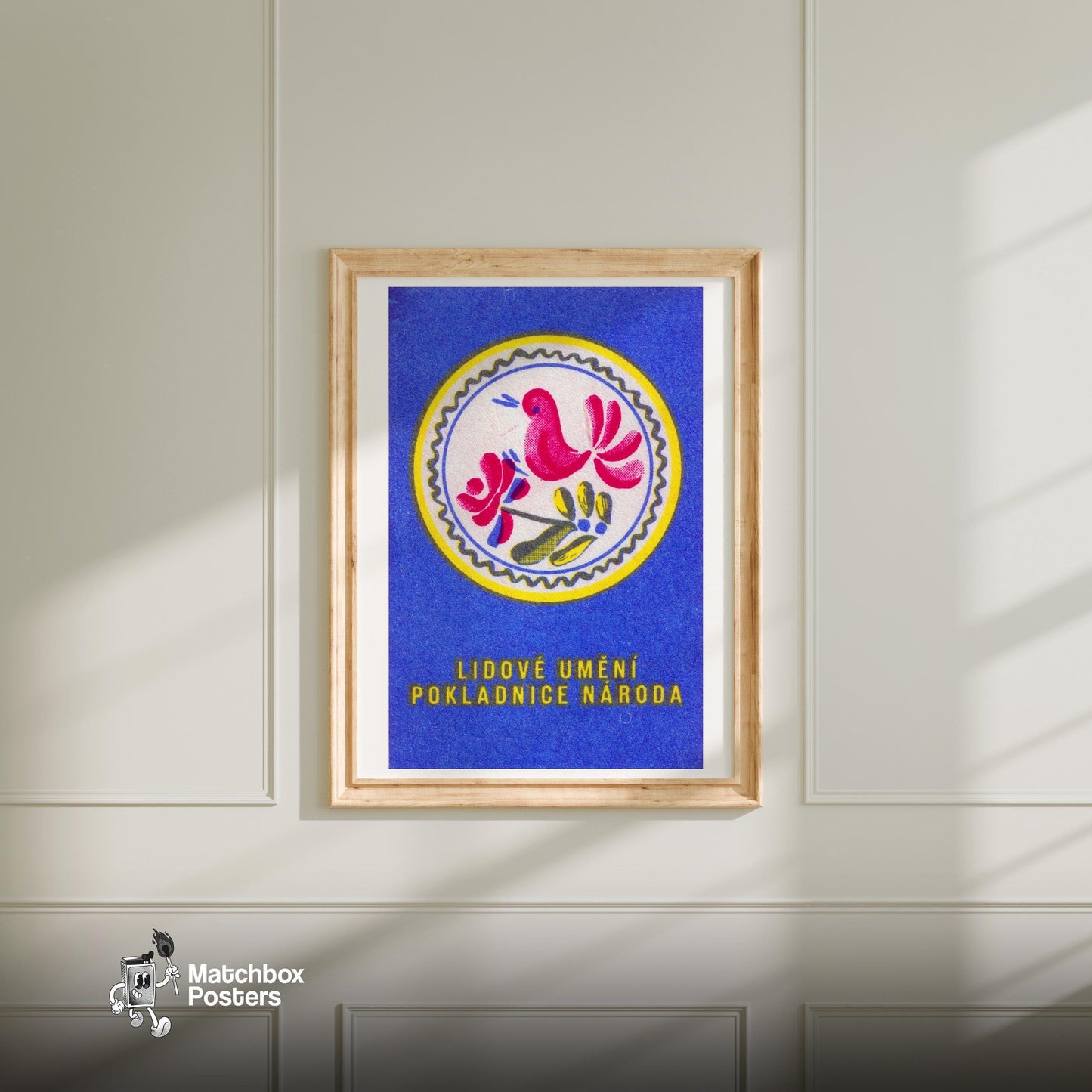 Pink Bird - vintage matchbox label print - bedroom mockup