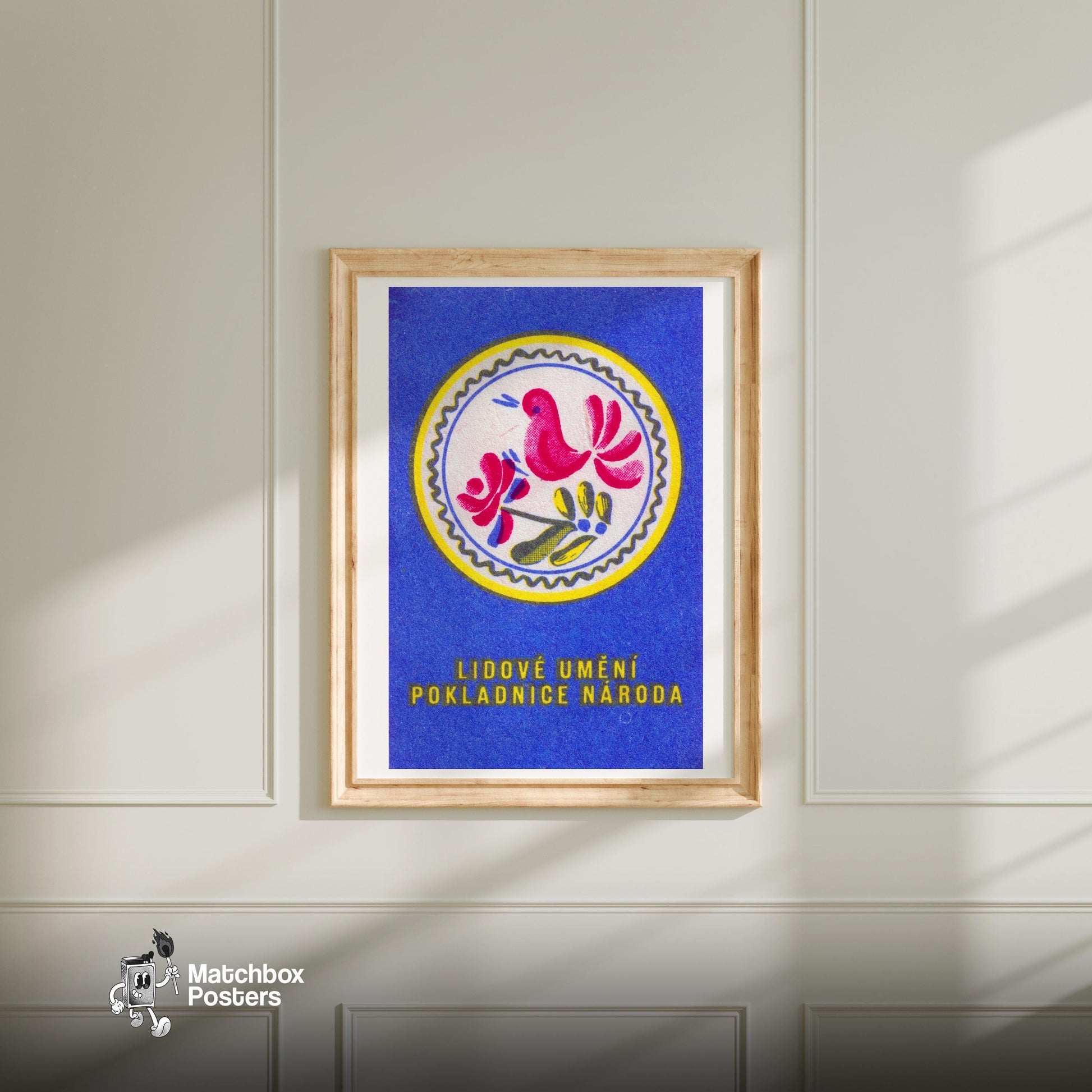 Pink Bird - vintage matchbox label print - bedroom mockup