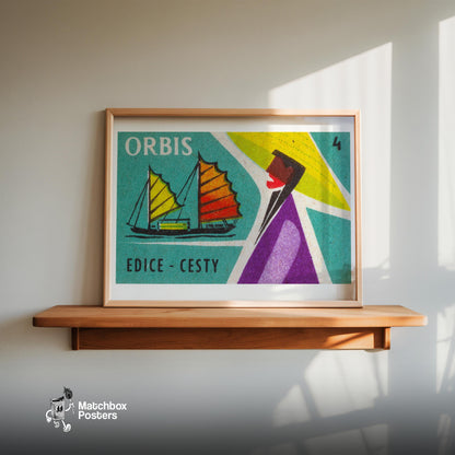 Sailboat Czechoslovakia Mid-Century Matchbox Label - vintage matchbox label print - size comparison