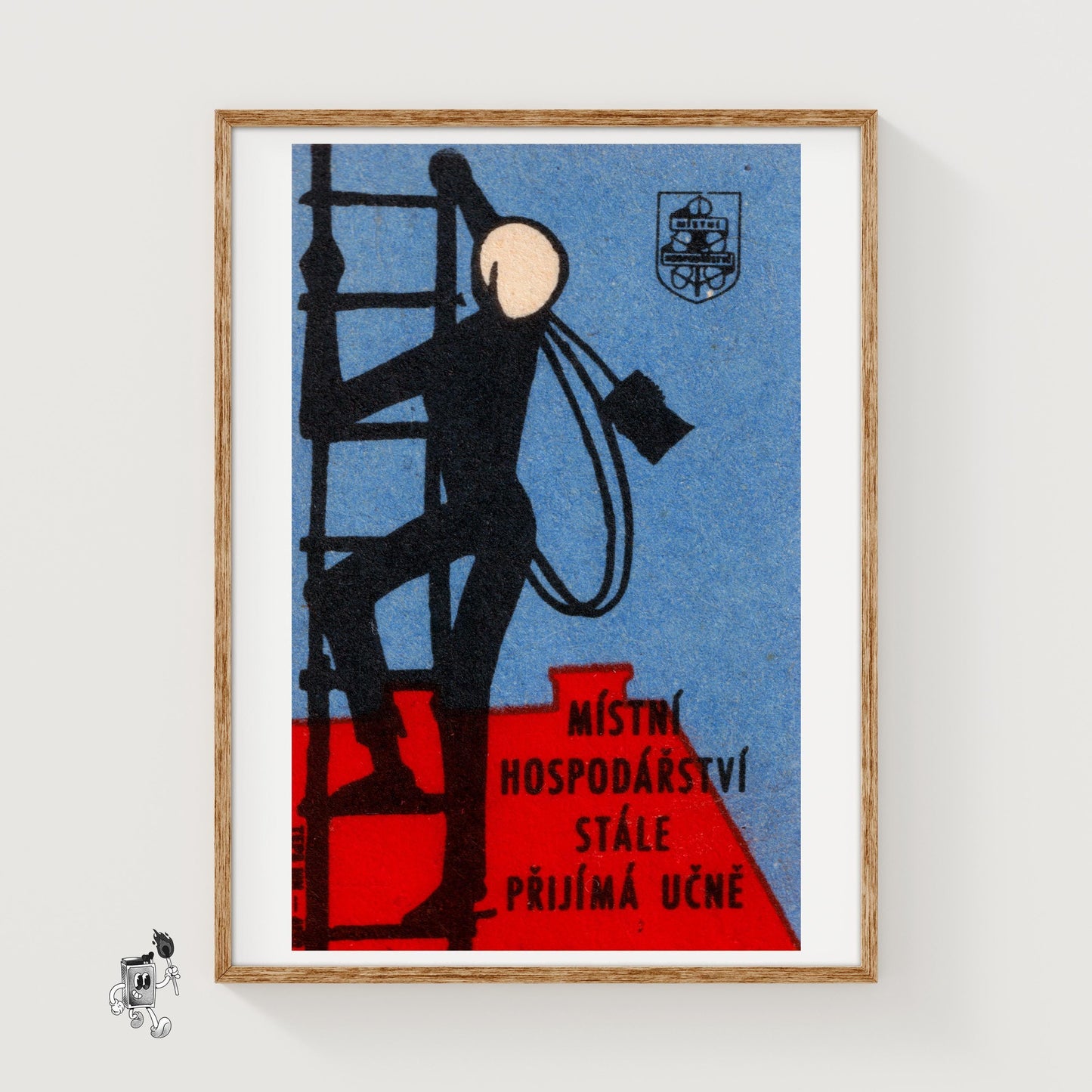 Worker Climbing Ladder - vintage matchbox label print