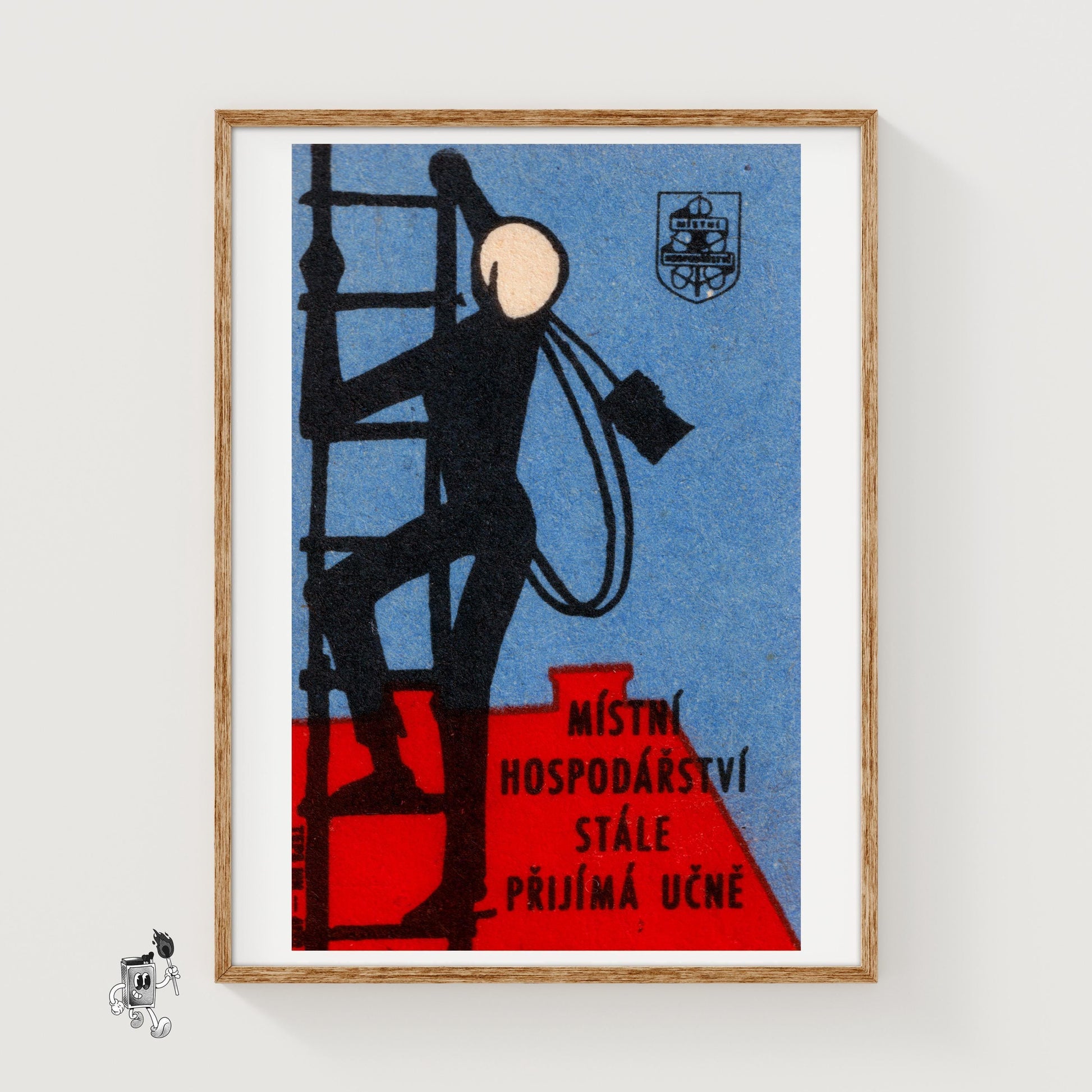 Worker Climbing Ladder - vintage matchbox label print