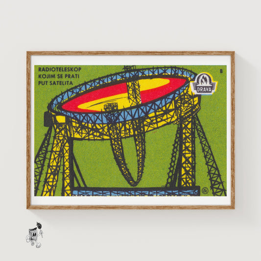 Illustration Of A Radio Telescope - vintage matchbox label print