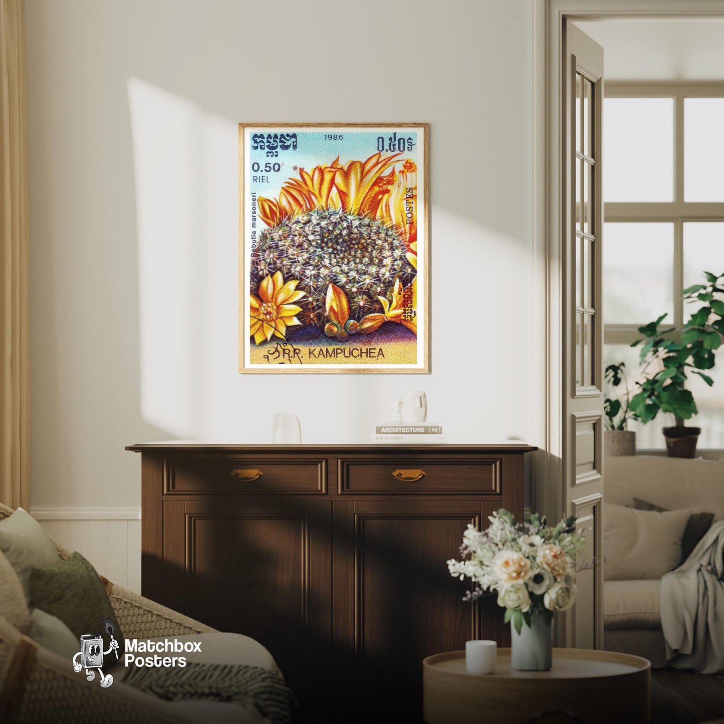Orange Cactus Flowers - vintage matchbox label print - living room mockup