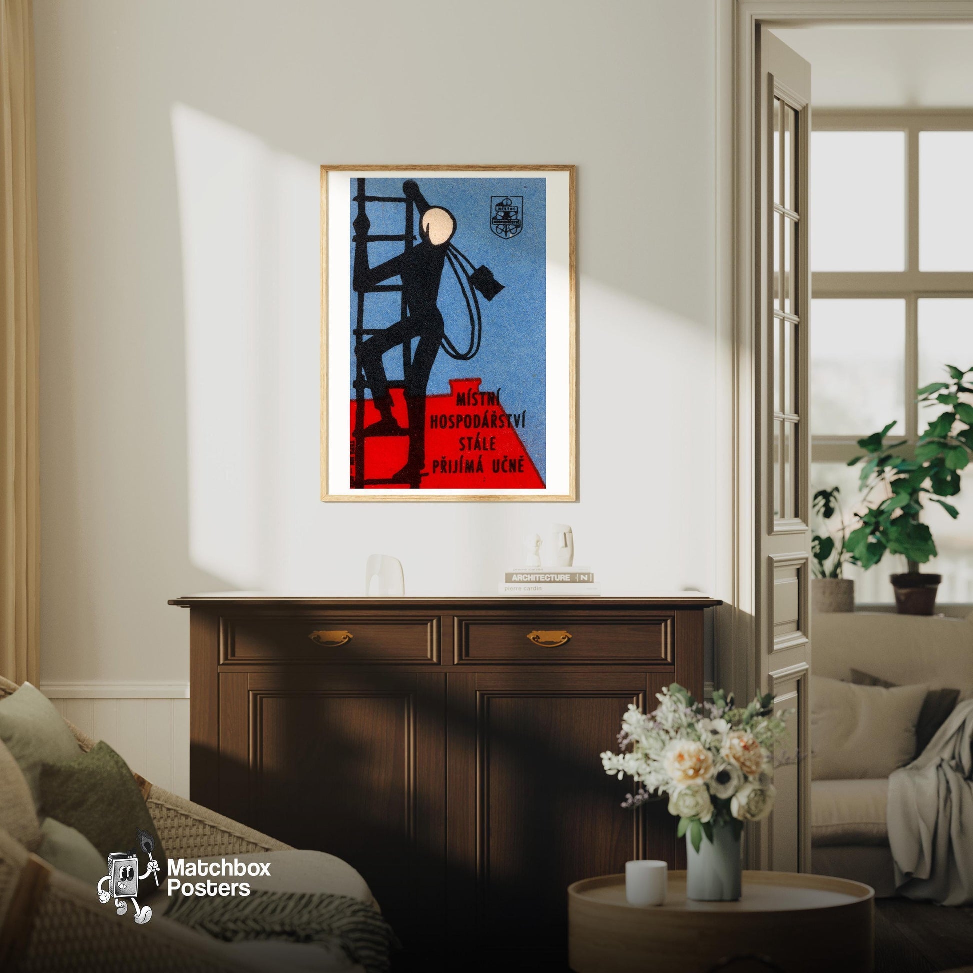 Worker Climbing Ladder - vintage matchbox label print - living room mockup