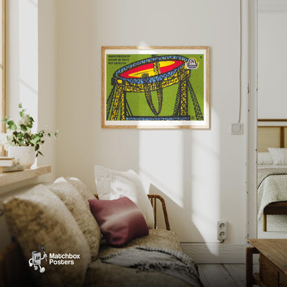Illustration Of A Radio Telescope - vintage matchbox label print - living room mockup