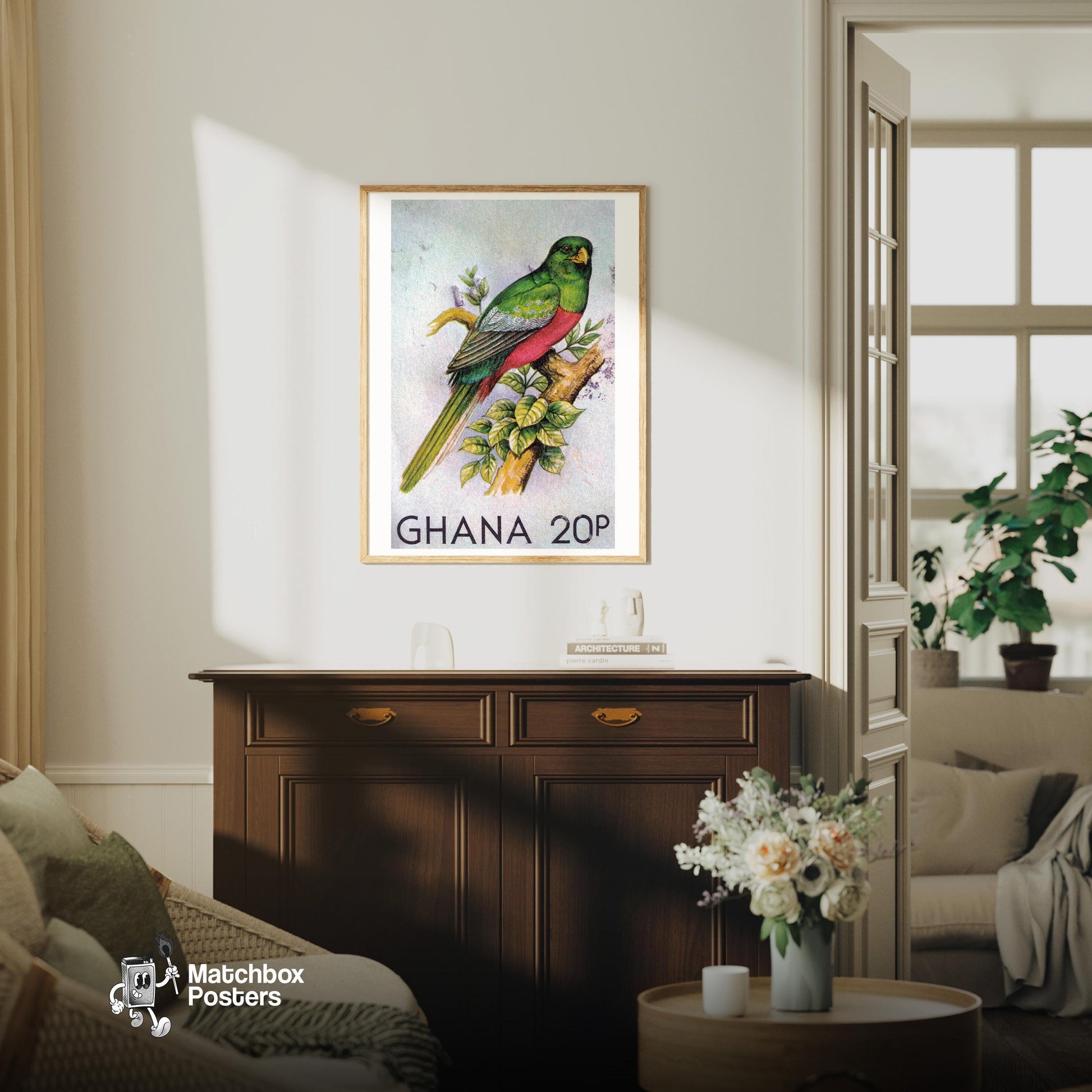 Green Bird - vintage matchbox label print - living room mockup