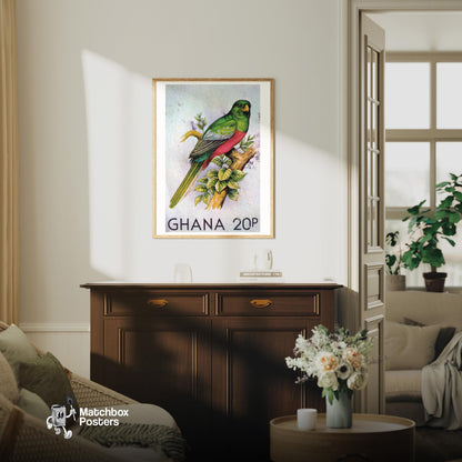 Green Bird - vintage matchbox label print - living room mockup