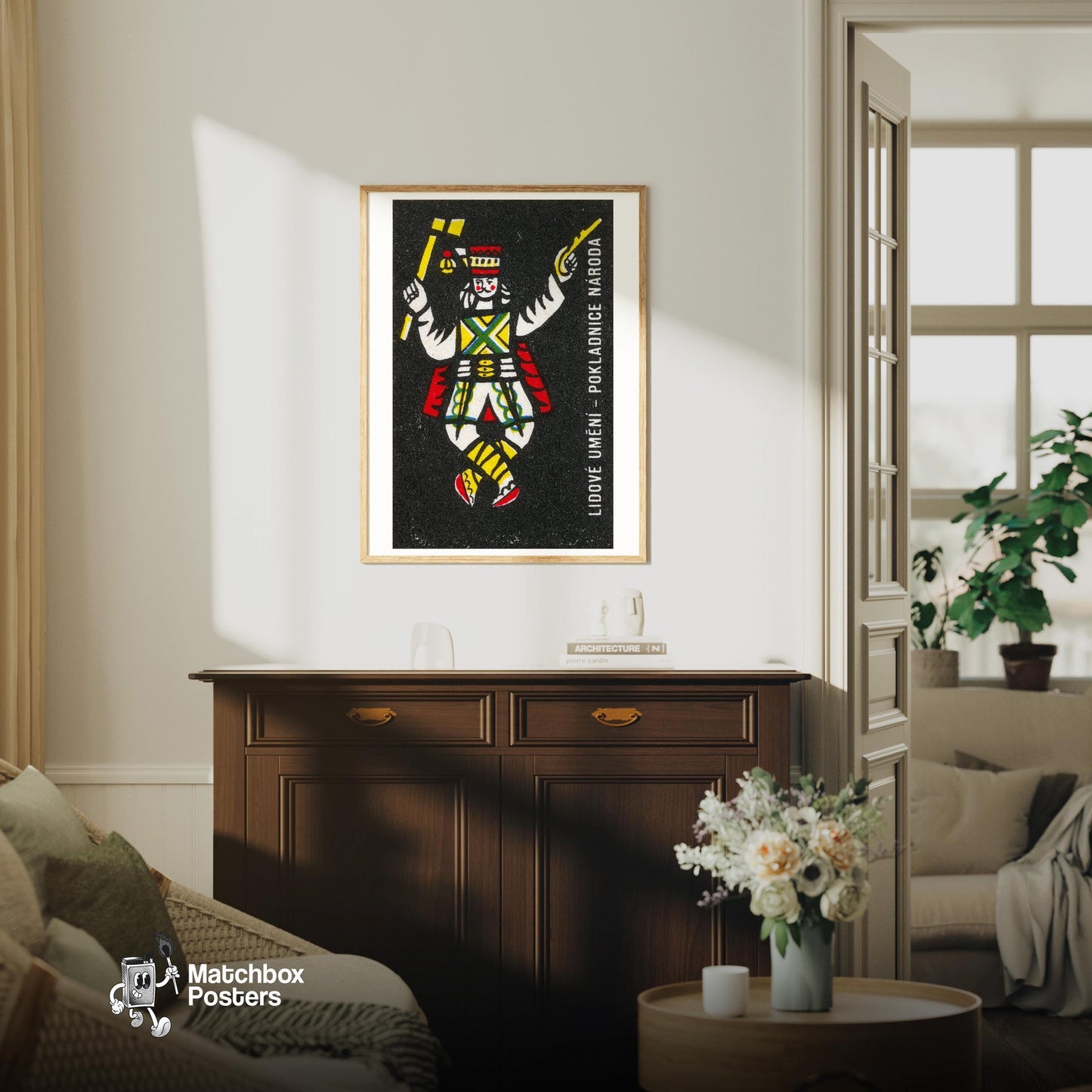 Dancing Folk King - vintage matchbox label print - living room mockup