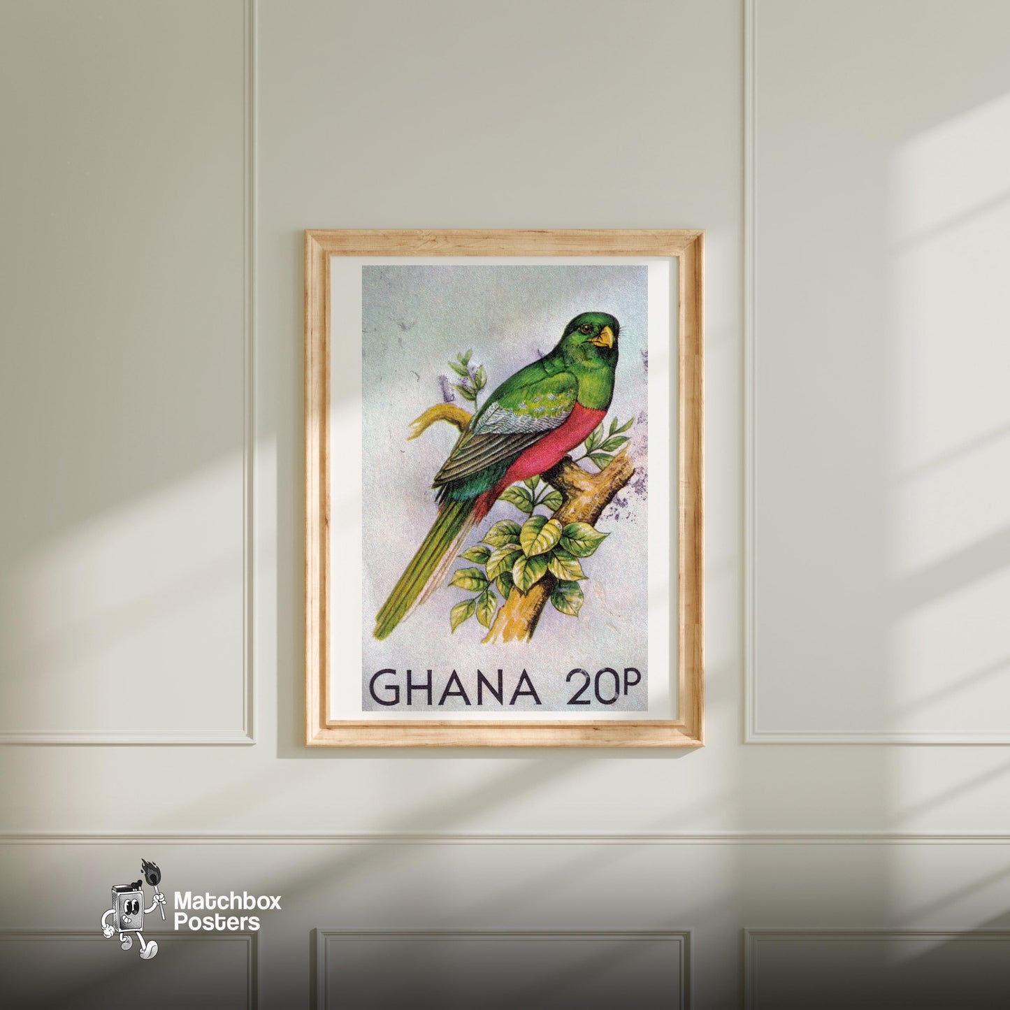 Green Bird - vintage matchbox label print - bedroom mockup