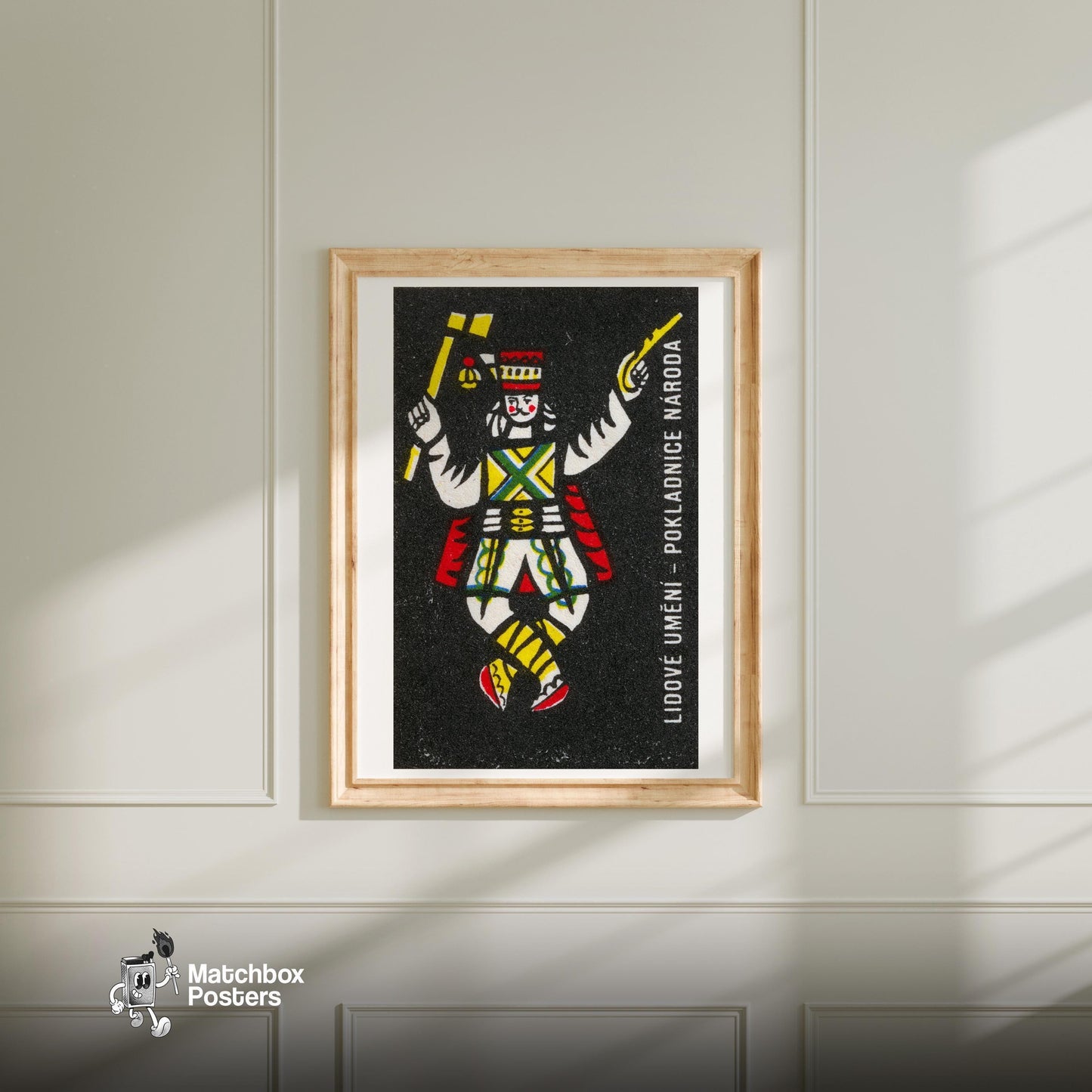 Dancing Folk King - vintage matchbox label print - bedroom mockup
