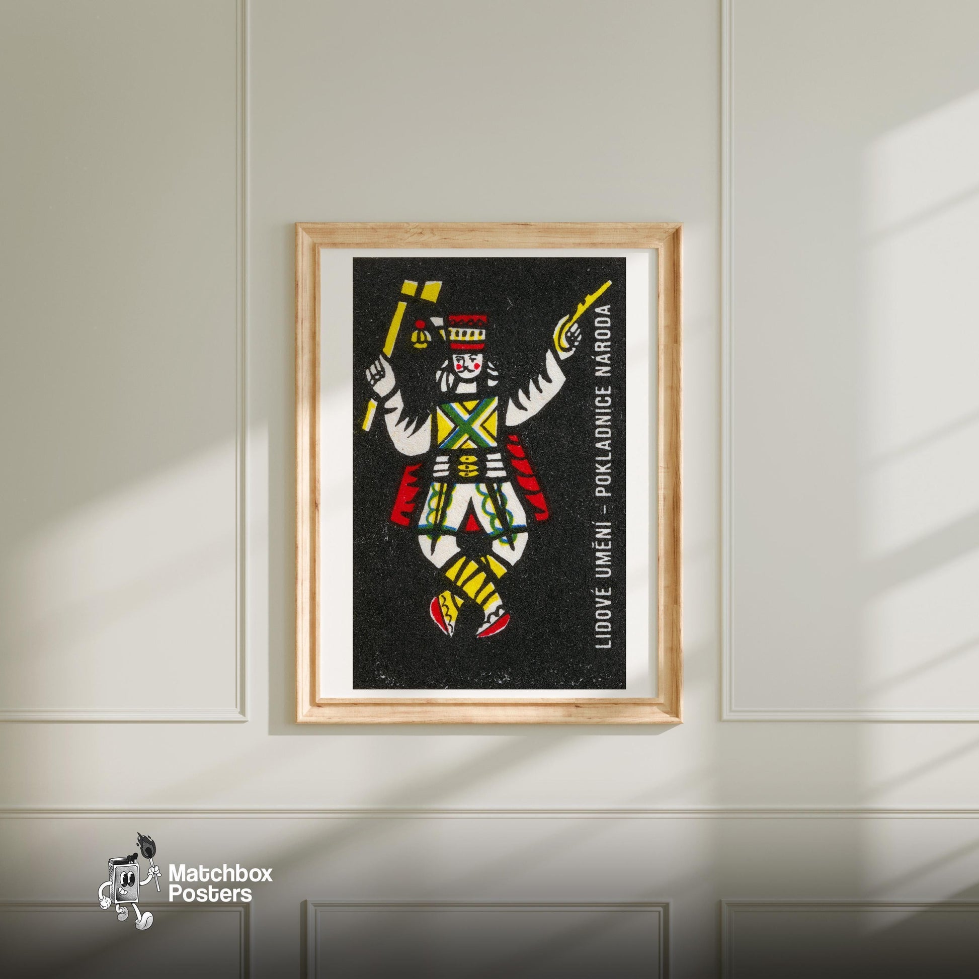 Dancing Folk King - vintage matchbox label print - bedroom mockup