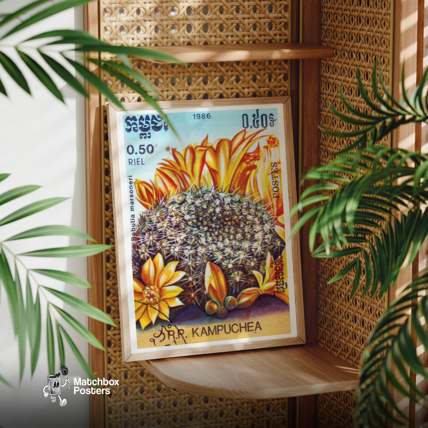 Orange Cactus Flowers - vintage matchbox label print - office wall