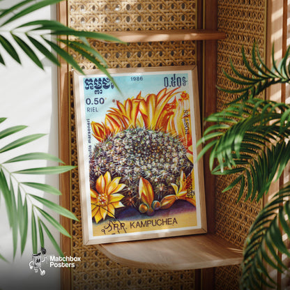 Orange Cactus Flowers - vintage matchbox label print - office wall