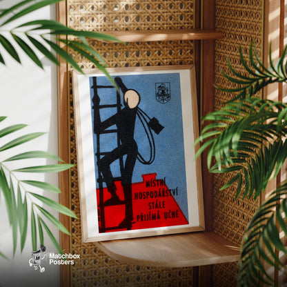 Worker Climbing Ladder - vintage matchbox label print - office wall