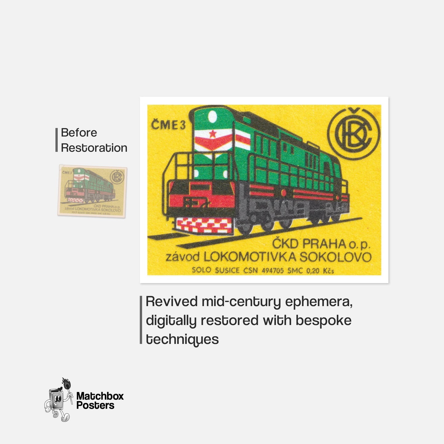 Green Locomotive - vintage matchbox label print - framed wall art preview