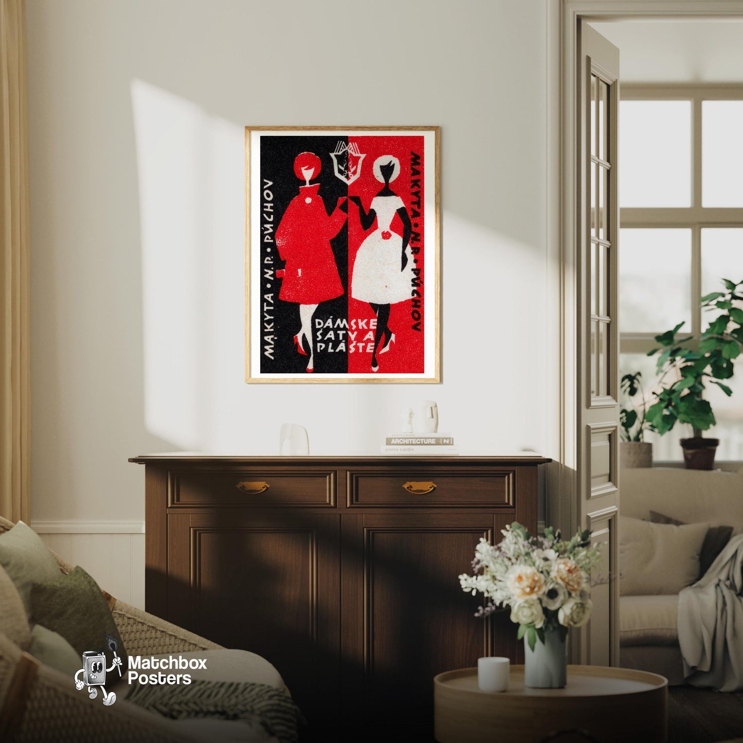 Stylized Figures Of Women - vintage matchbox label print - living room mockup