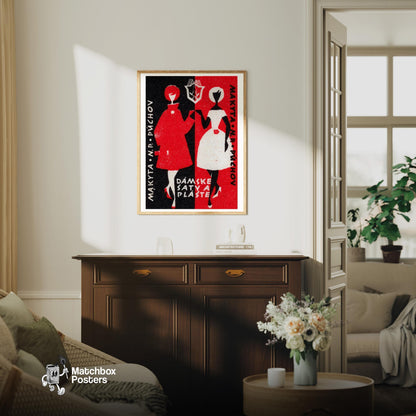 Stylized Figures Of Women - vintage matchbox label print - living room mockup