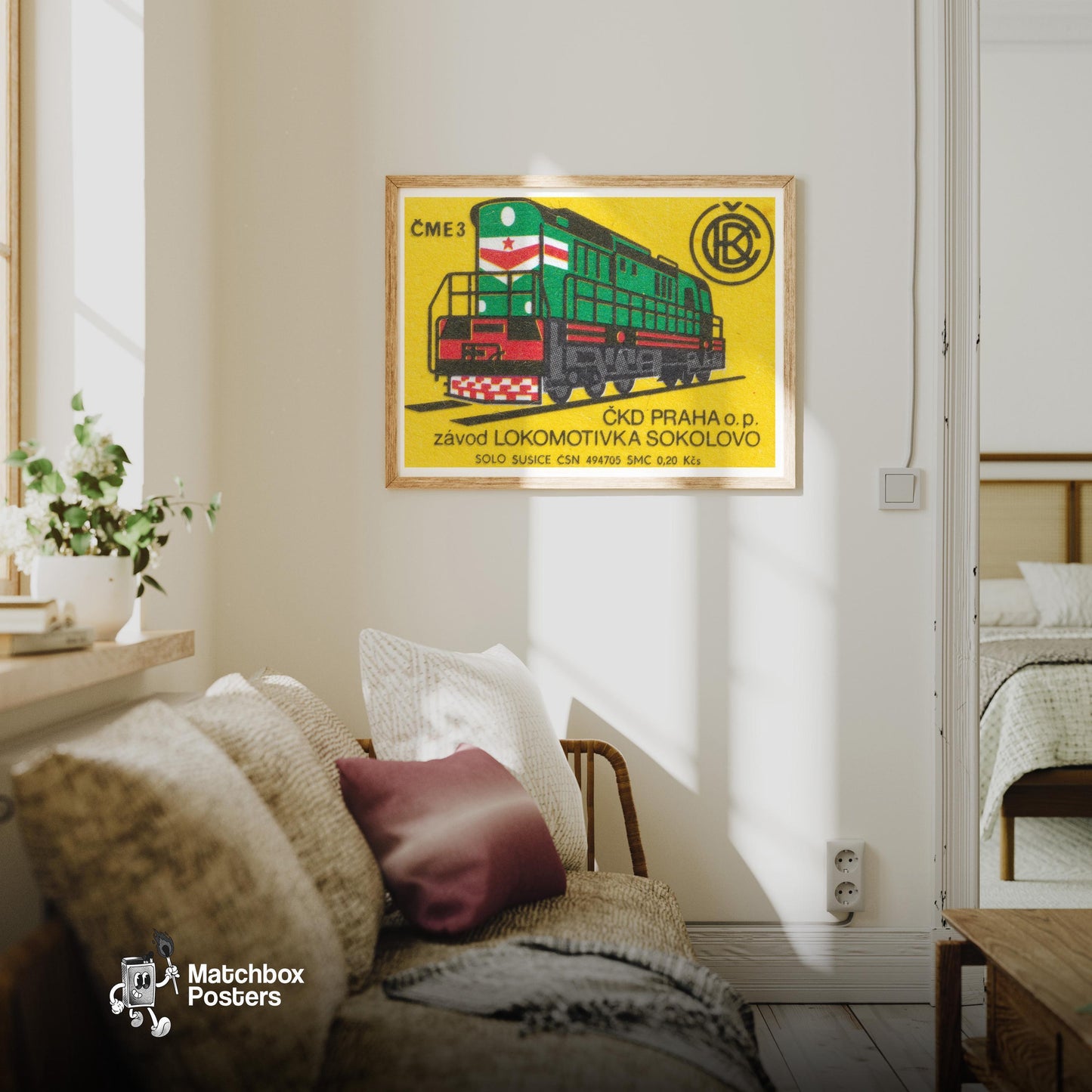 Green Locomotive - vintage matchbox label print - living room mockup