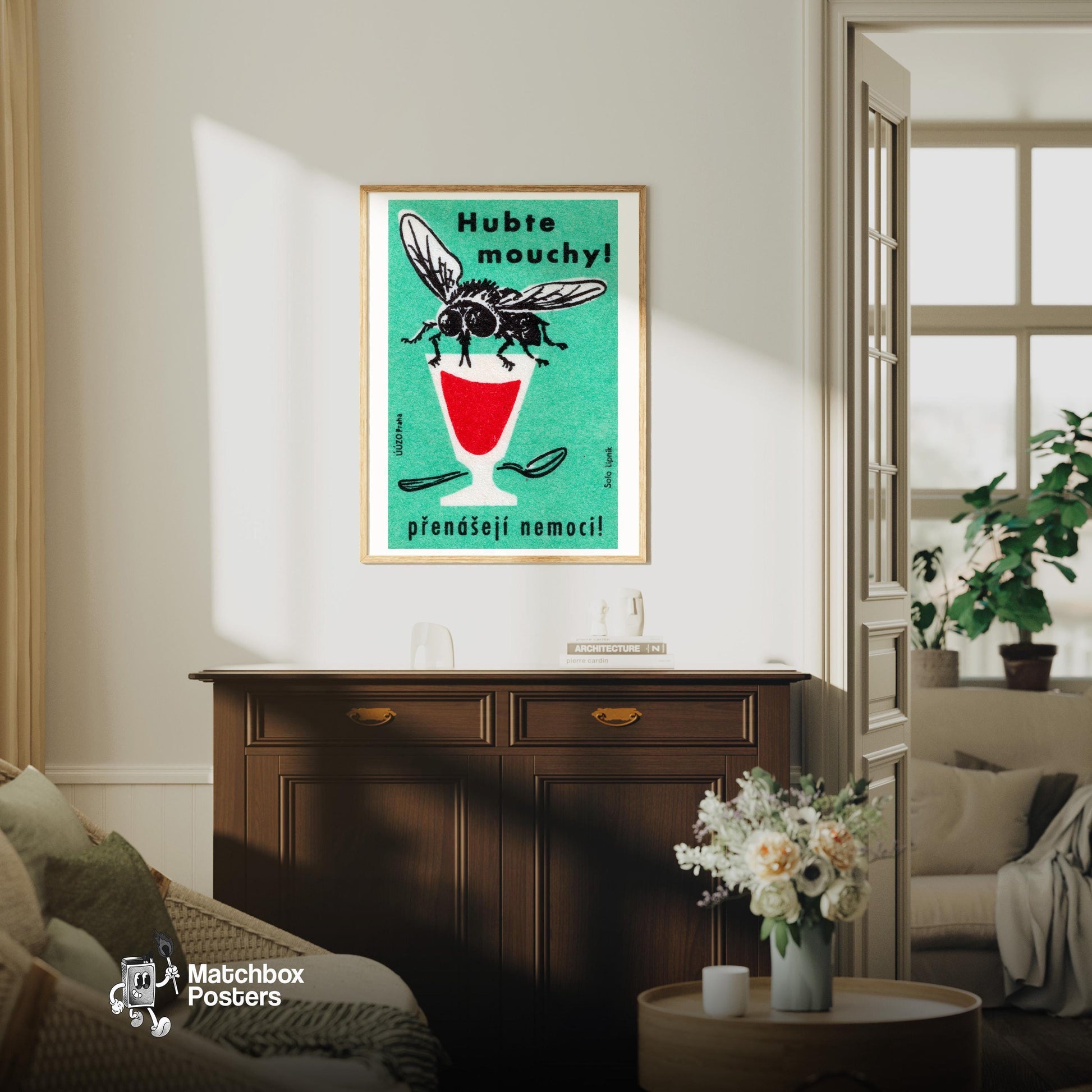Illustration Of A Fly - vintage matchbox label print - living room mockup