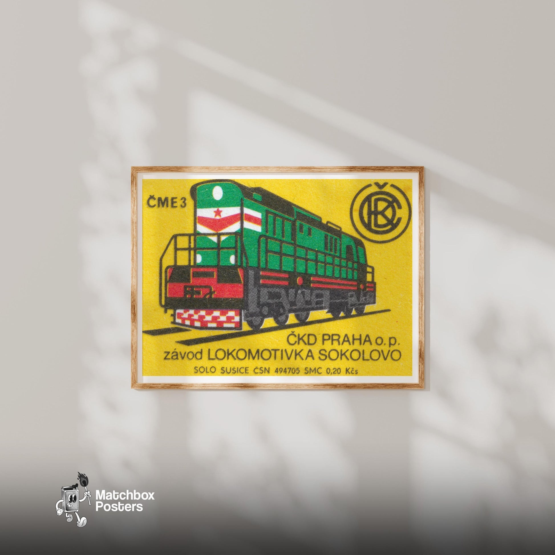 Green Locomotive - vintage matchbox label print - bedroom mockup