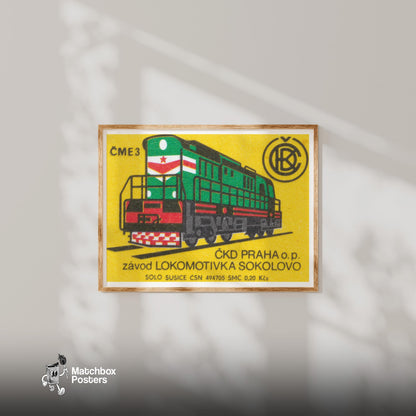 Green Locomotive - vintage matchbox label print - bedroom mockup