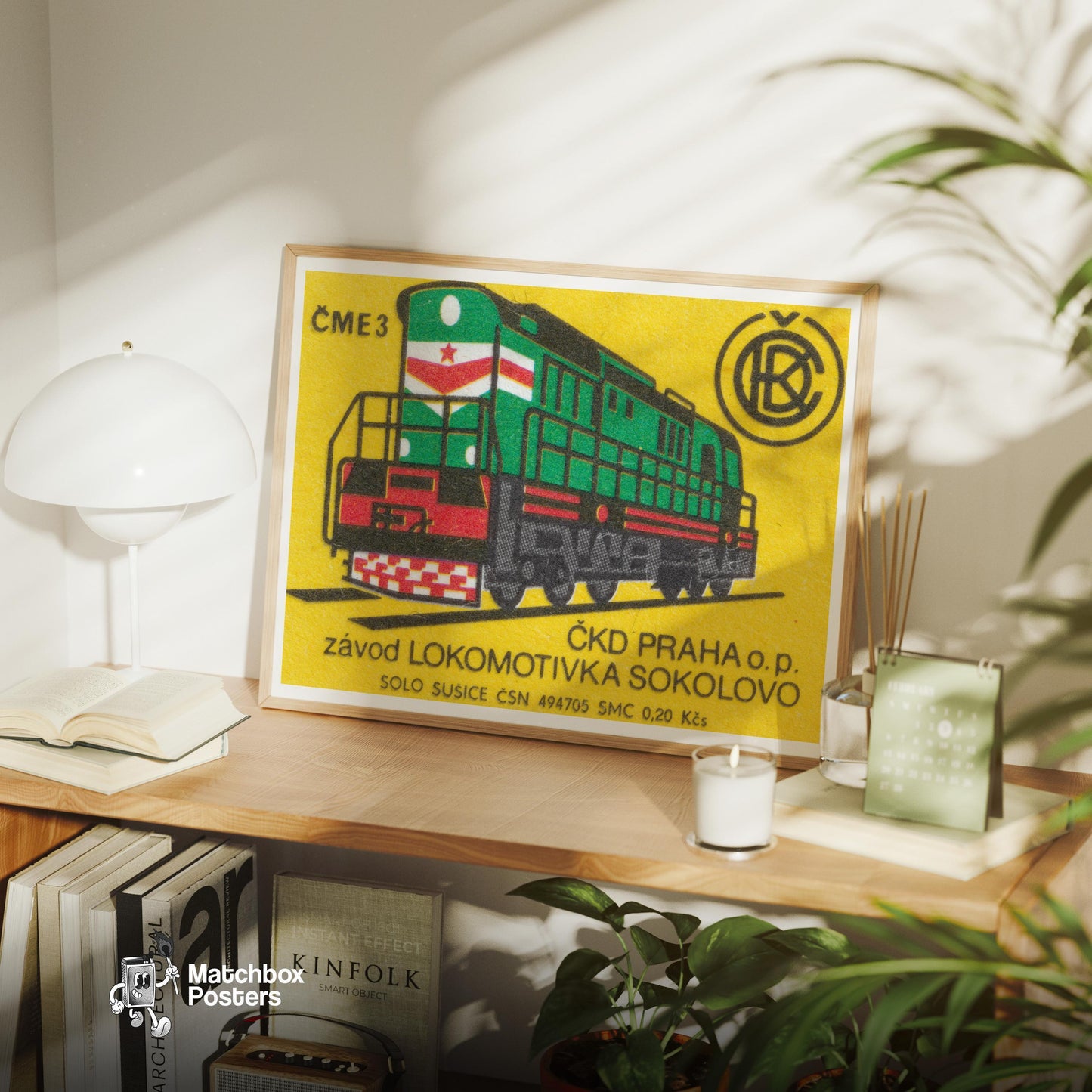 Green Locomotive - vintage matchbox label print - office wall