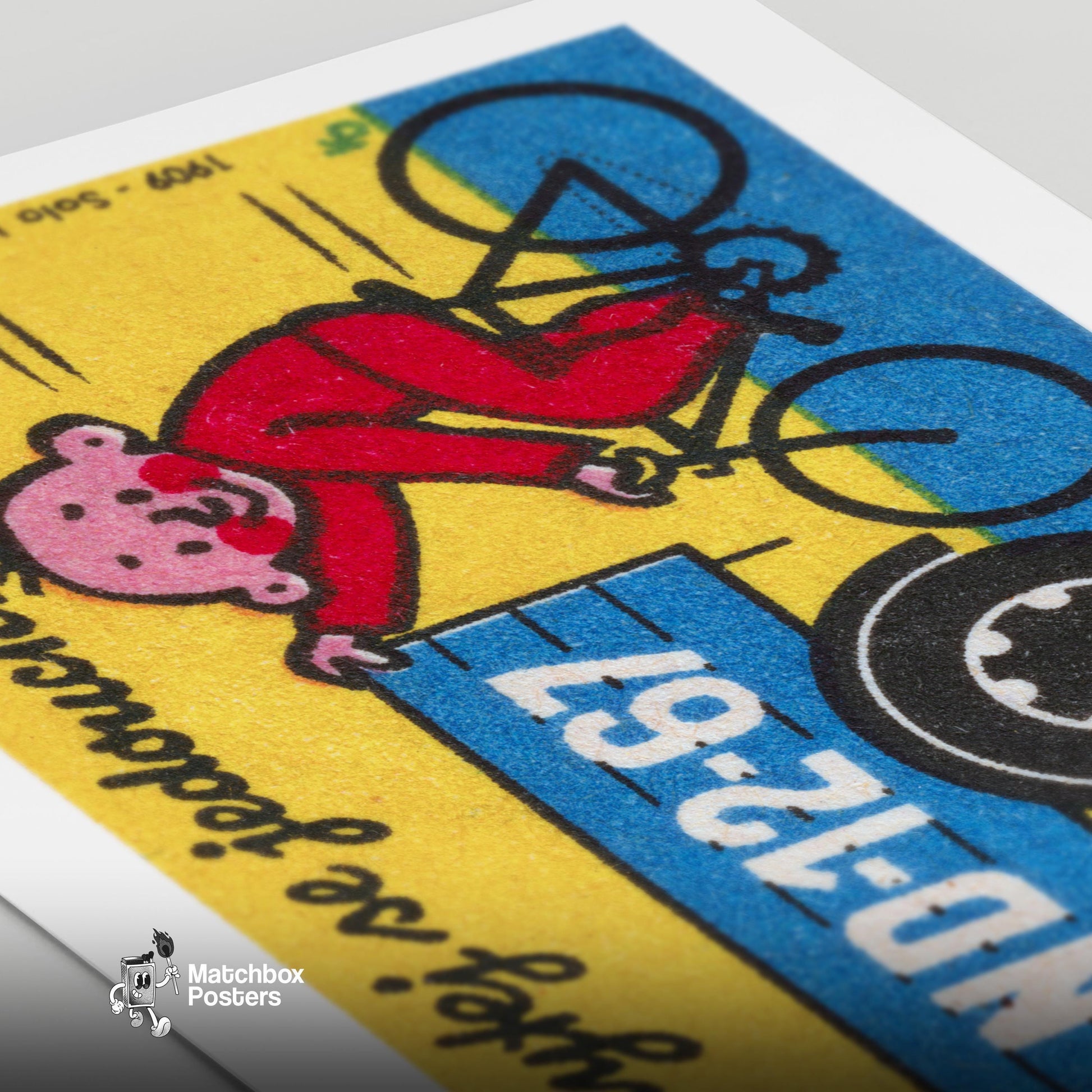 Child on Bicycle - vintage matchbox label print - close-up detail