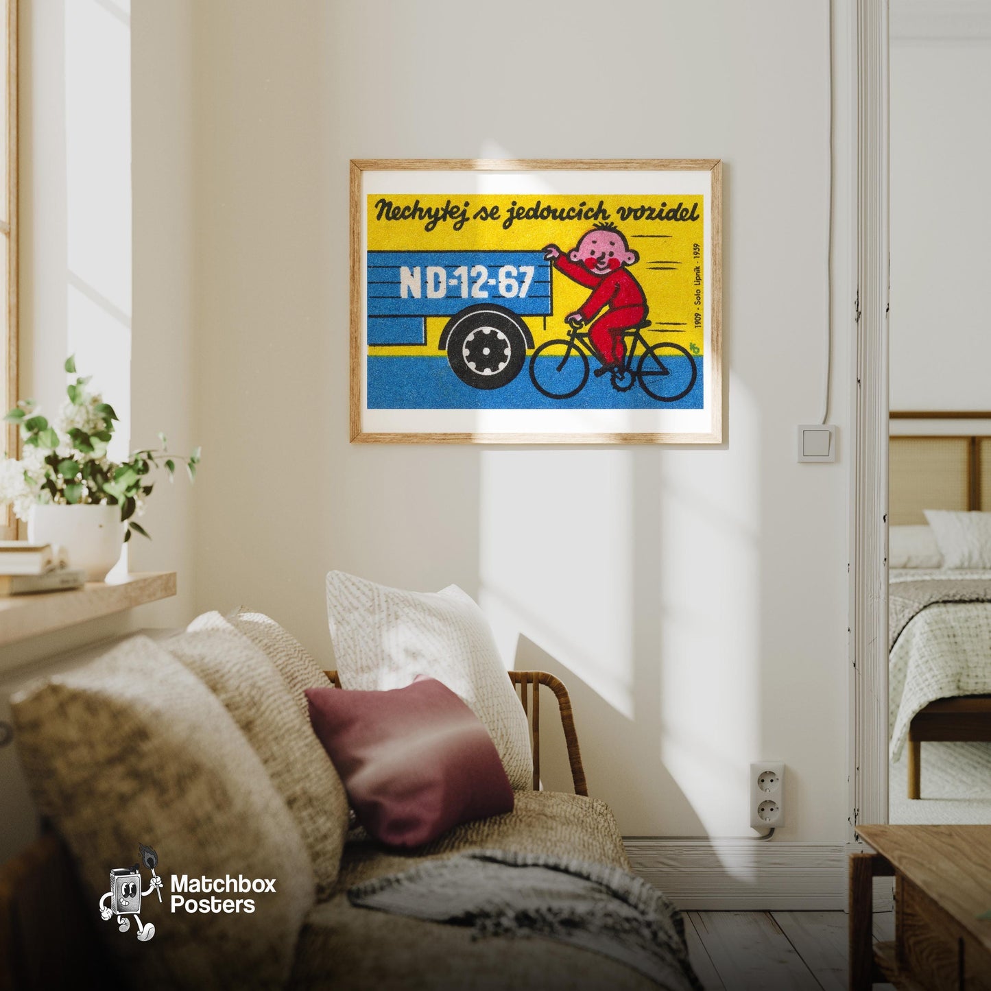 Child on Bicycle - vintage matchbox label print - living room mockup