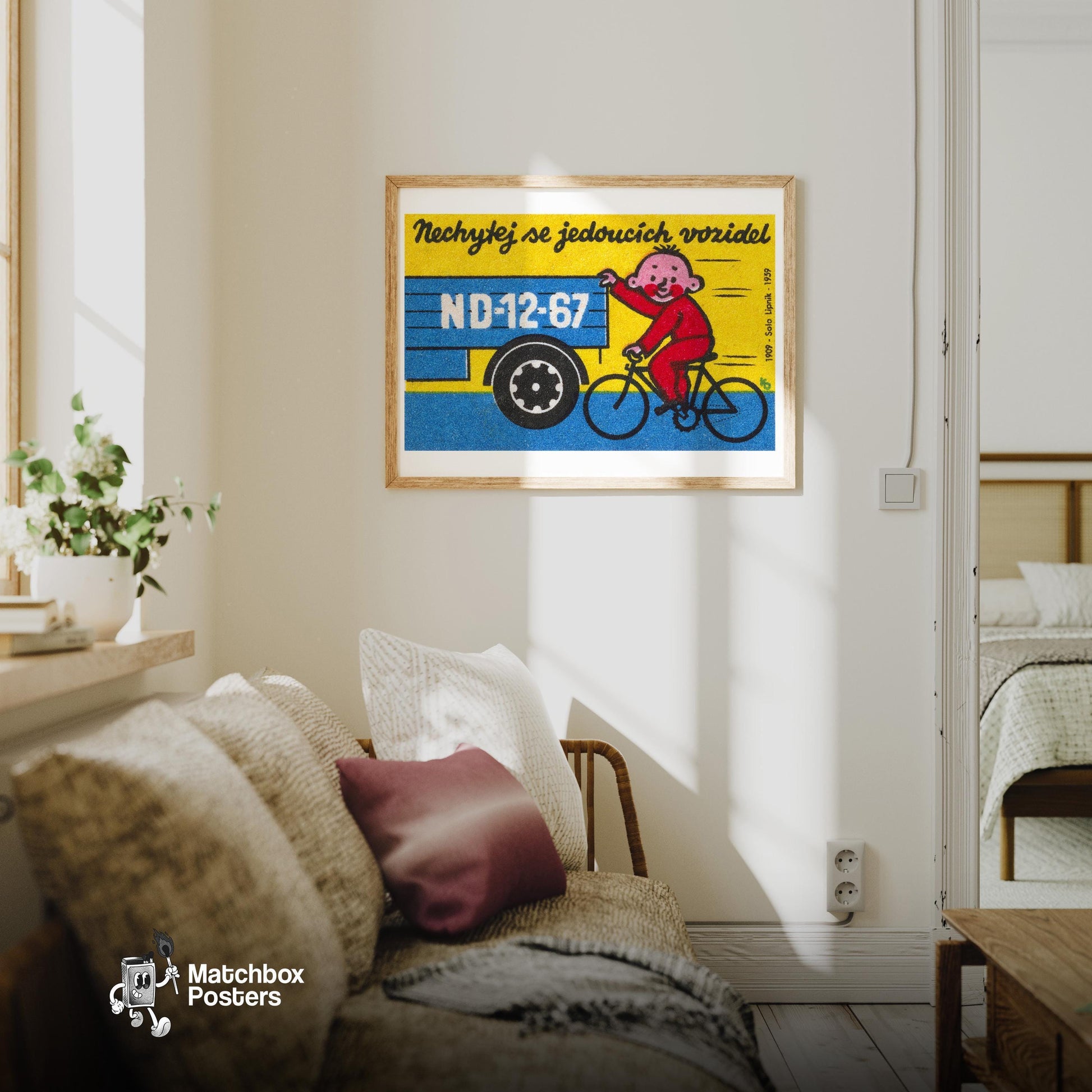Child on Bicycle - vintage matchbox label print - living room mockup