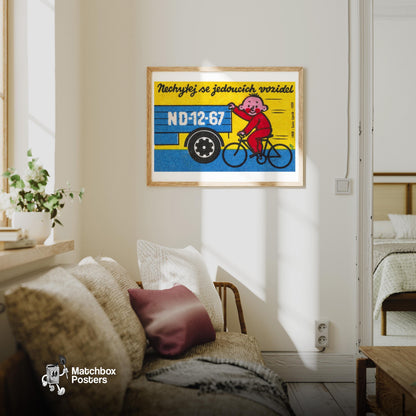 Child on Bicycle - vintage matchbox label print - living room mockup