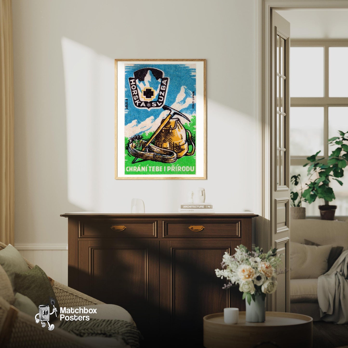 Mountain Climbing Kit - vintage matchbox label print - living room mockup