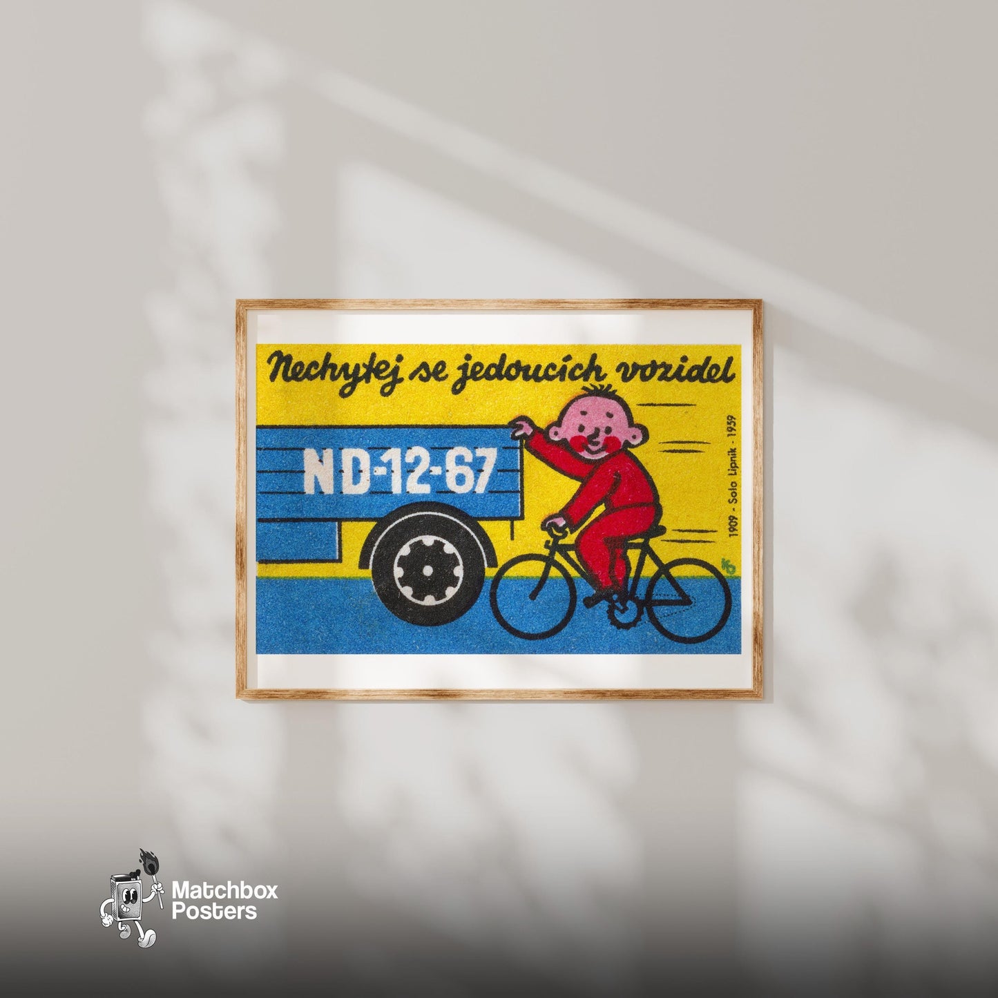 Child on Bicycle - vintage matchbox label print - bedroom mockup