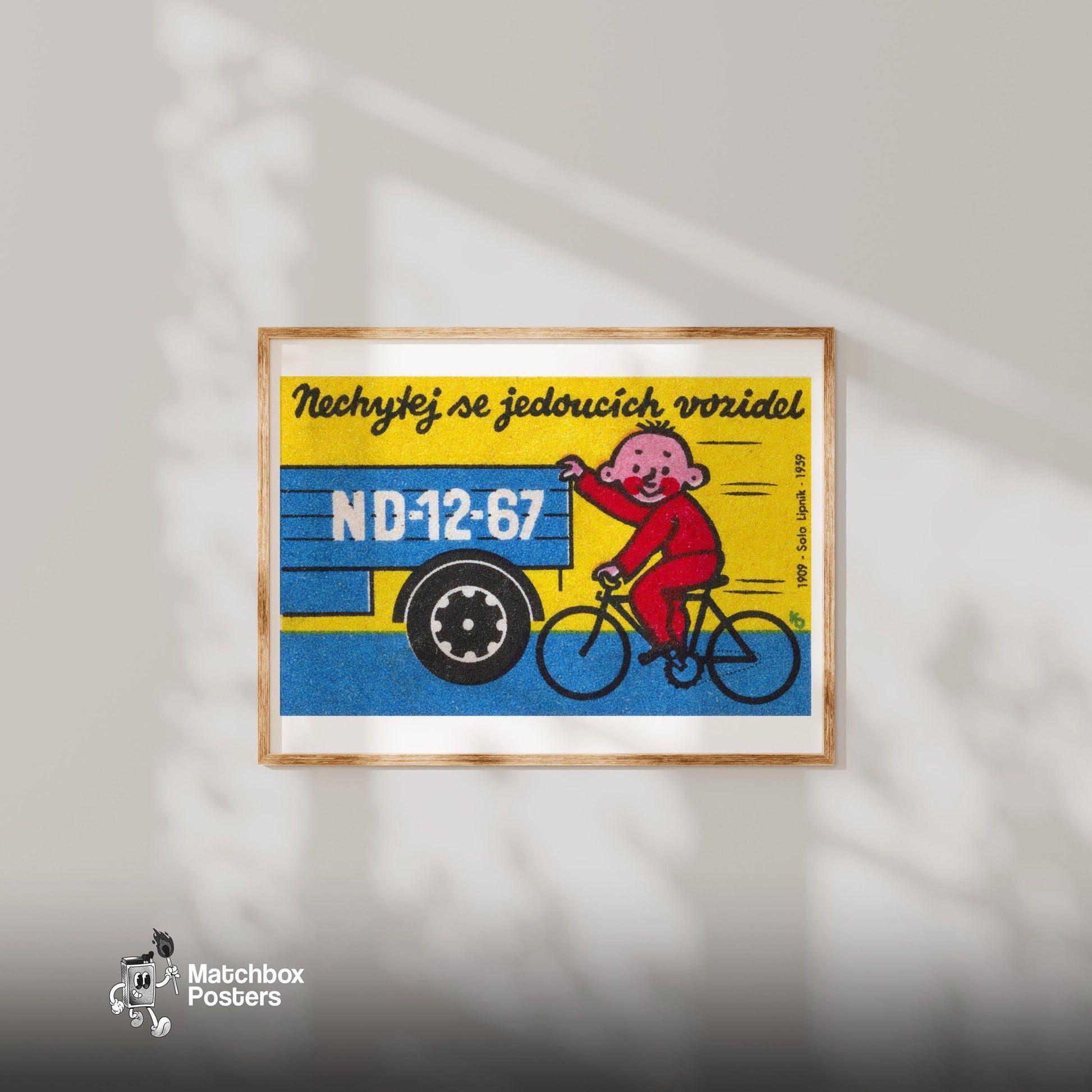 Child on Bicycle - vintage matchbox label print - bedroom mockup