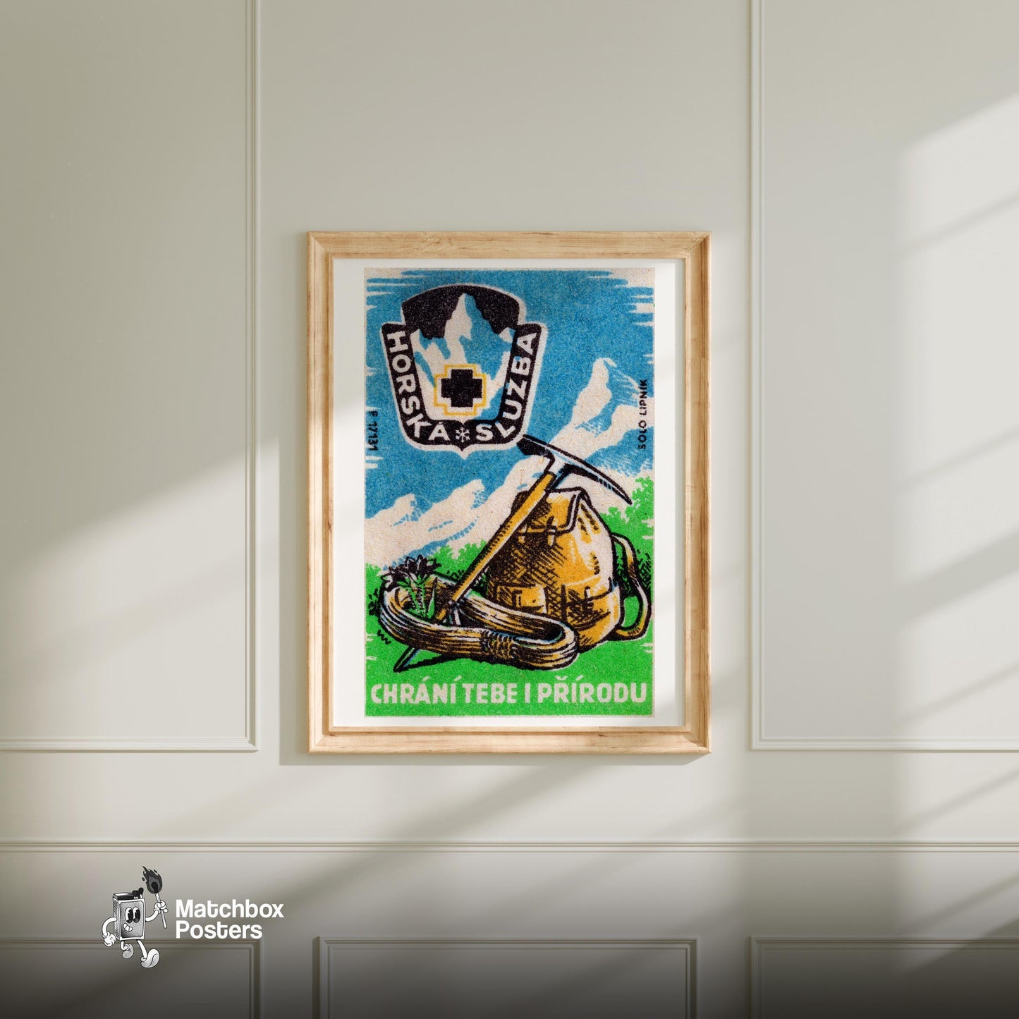 Mountain Climbing Kit - vintage matchbox label print - bedroom mockup